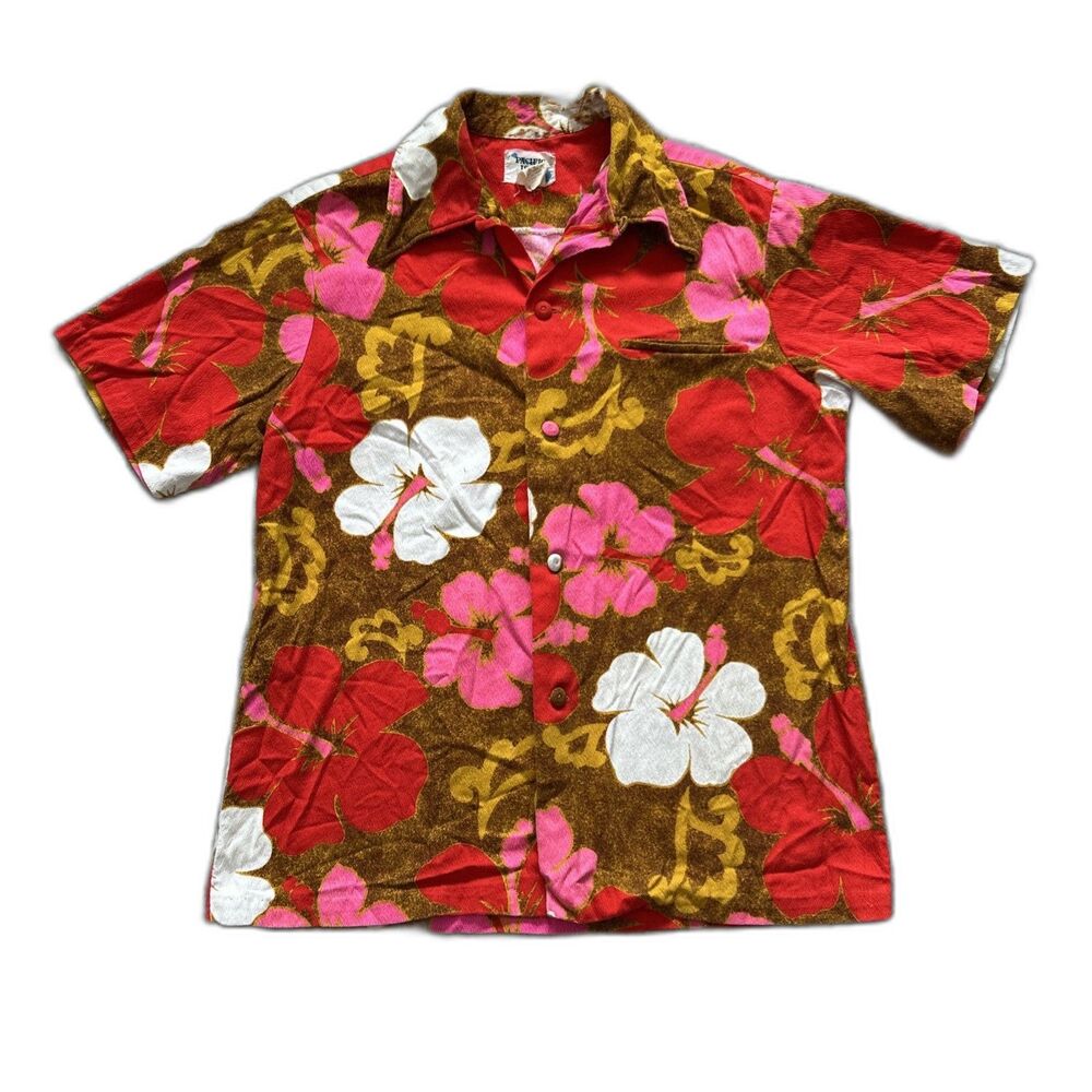 Pacific Isle Creations Shirt Men’s Large Hawaiian Flower Aloha Pink Red Vintage
